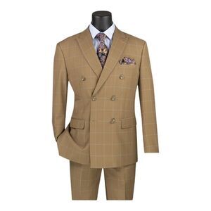 MEN'S VINCI 2 PIECE MODERN FIT WINDOWPANE DOUBLE BREASTED SUIT. MDW-1 CAMEL.